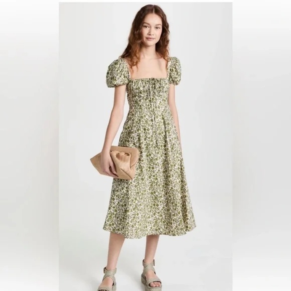 Chic Floral Green Midi Dress with Puff Sleeves